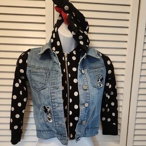 Disney Blue and Black Jean Jacket with Whimsical Polka Dot Design